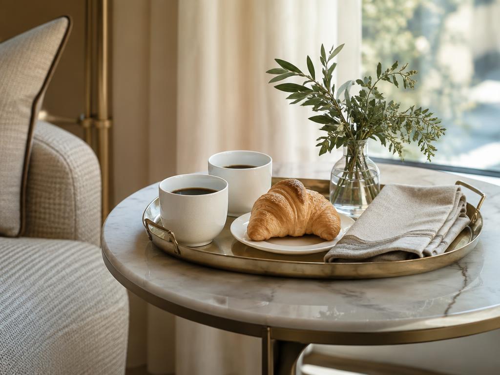 Morning coffee and croissant on a marble table at a Posh Infusion stay