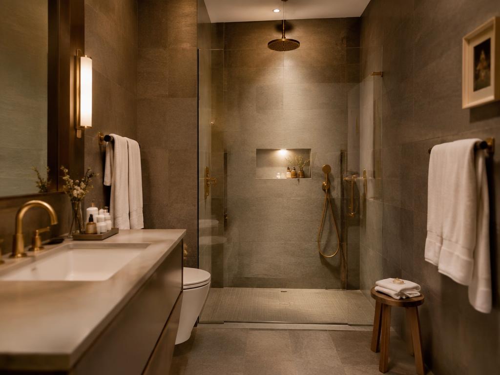 Spa-like bathroom with rain shower and brass fixtures