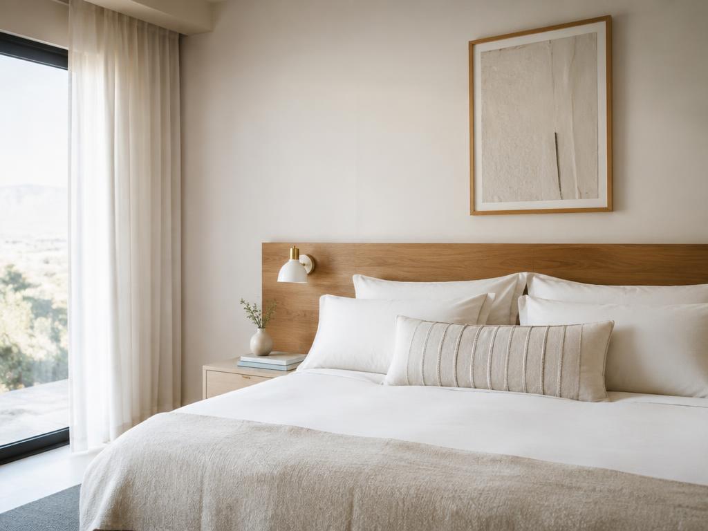 Serene bedroom with crisp white bedding and oak headboard