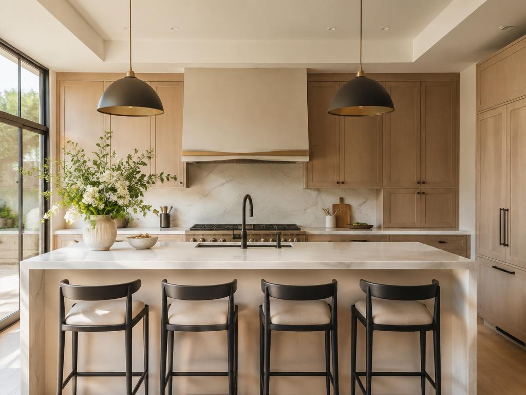 Modern kitchen with marble island and warm cabinetry