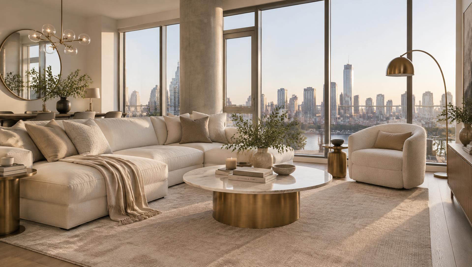 Luxurious Posh Infusion living room with floor-to-ceiling city views